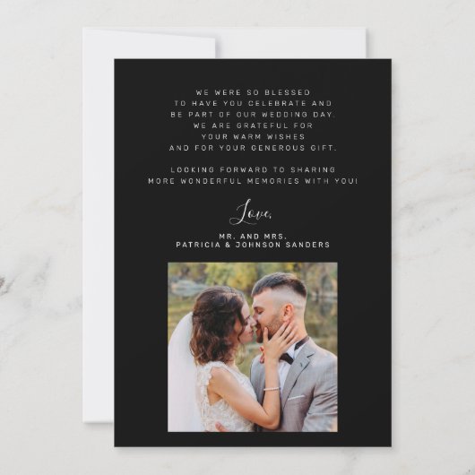エレガント2枚エレガントのフォトスクリプ結婚ト黒 サンキューカード (裏面)
