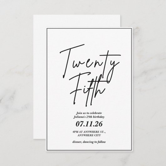 エレガント25シンプル番目の誕生日招待状 招待状 (正面/裏面)