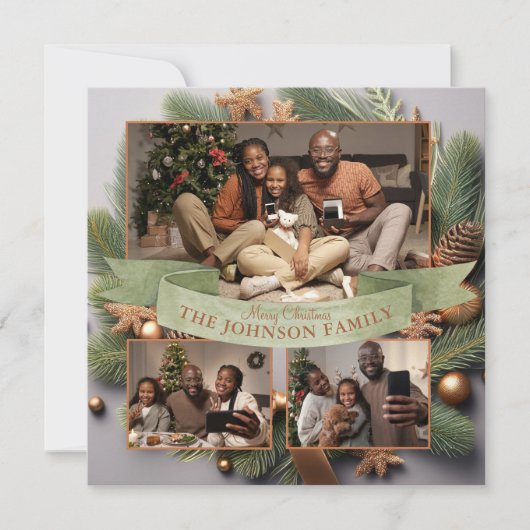 エレガント3モダン枚フォトファミリークリスマスエバーグリーン シーズンカード (正面)