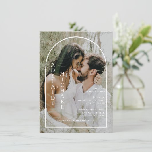 エレガント3月2日フォトシンプルーモダン・バジェット結婚ズ 招待状 (スタンド正面)