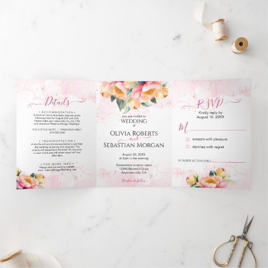 エレガント3 in 1牡丹の水の色結婚の 三つ折り招待状 (内部)