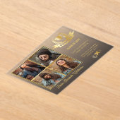 エレガント4フォトブラックフェード | 金ゴールド卒業 アクリル招待状 (レイダウン)