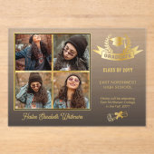 エレガント4フォトブラックフェード | 金ゴールド卒業 アクリル招待状 (正面)