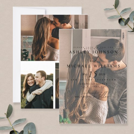 エレガント4フォトベラムオーバーレイ結婚式招待状 招待状