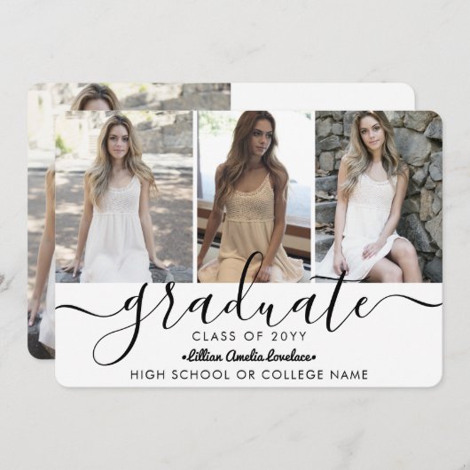 エレガント4モダン枚フォトコラージスクリプトの卒業 案内状 (正面/裏面)