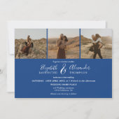 エレガント4枚のモダン写真結婚は青い白 招待状 (正面)