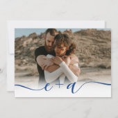 エレガント4枚のモダン写真結婚は青い白 招待状 (裏面)