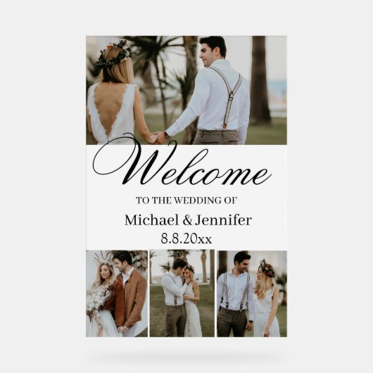 エレガント4枚の写真スタイリッシュを結婚スクリプト アクリルサイン (正面)