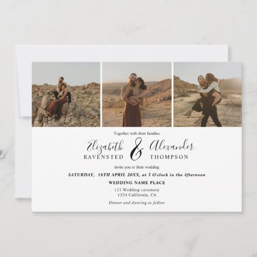 エレガント4枚モダンの写真の結婚白黒 招待状 (正面)