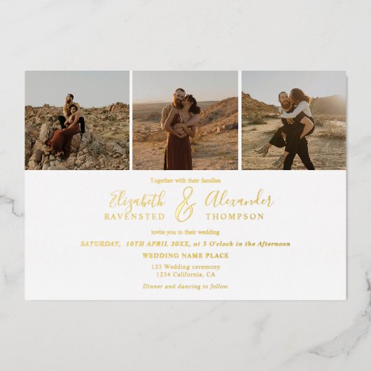 エレガント4枚モダンの写真の結婚白黒 箔招待状 (正面)