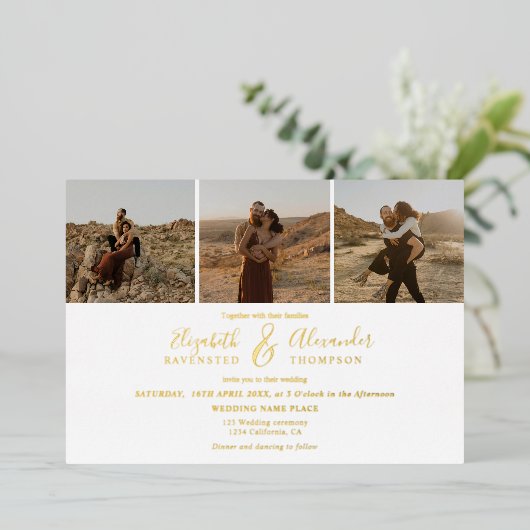 エレガント4枚モダンの写真の結婚白黒 箔招待状 (立ち正面)