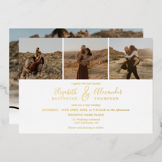 エレガント4枚モダンの写真の結婚白黒 箔招待状 (正面/裏面)