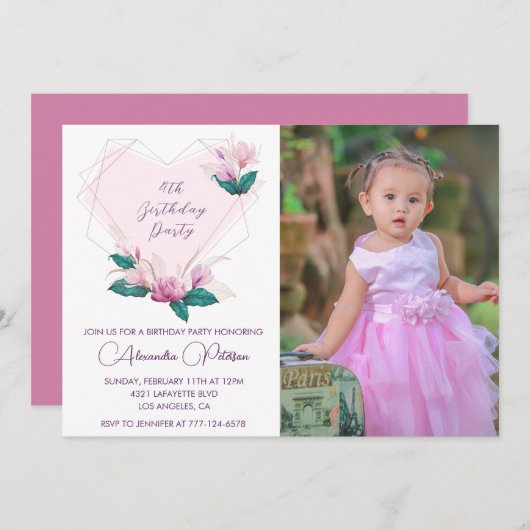 エレガント4歳の誕生日招待状フローラ写真 招待状 (正面/裏面)