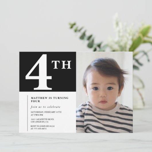 エレガント4th誕生日の招待ブラックボーイフォト 招待状 (スタンド正面)