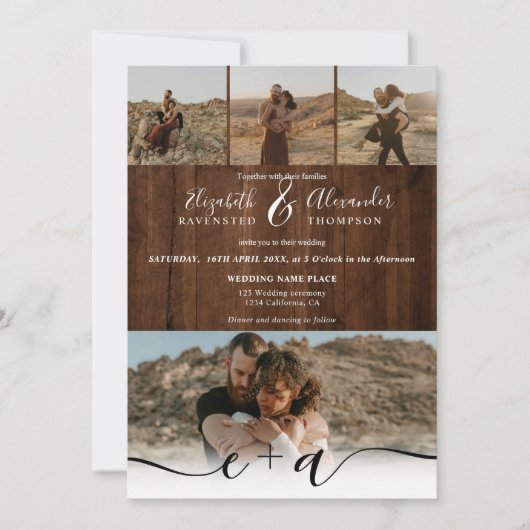 エレガント5枚モダンの写真結婚は素朴な木 招待状 (正面)