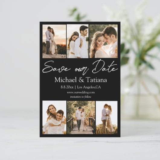 エレガント6枚の写真をコラージュ白い台本ミニマル セーブザデート (スタンド正面)
