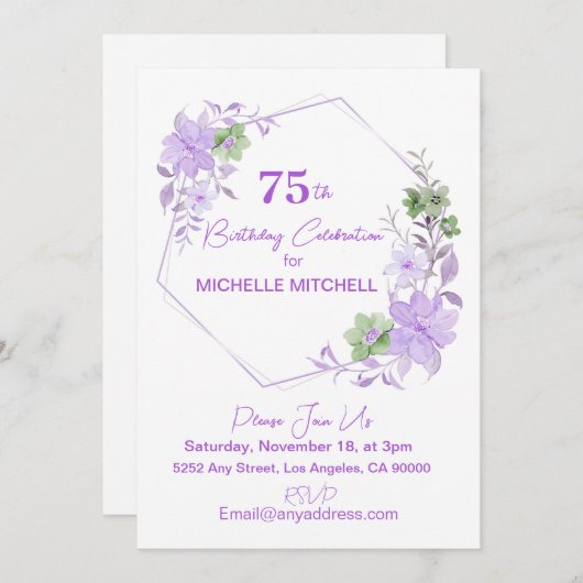 エレガント75カスタム番目の誕生日ラベンダーフローラ 招待状 (正面/裏面)