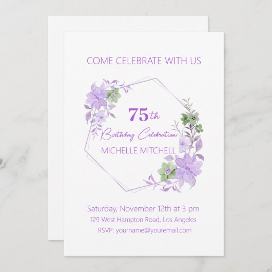エレガント75カスタム番目の誕生日ラベンダーフローラ 招待状 (正面/裏面)