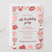 エレガント8歳の誕生日招待状グレイ赤いハート 招待状 (正面)