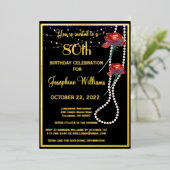 エレガント80八十誕生日黒実在金ゴールド 箔招待状 (立ち正面)