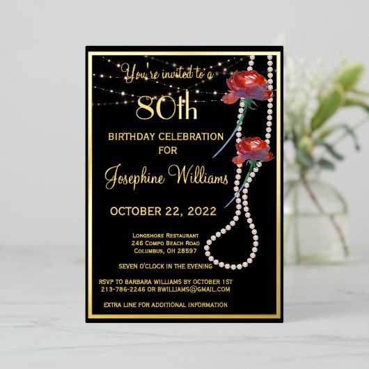 エレガント80八十誕生日黒実在金ゴールド 箔招待状 (立ち正面)