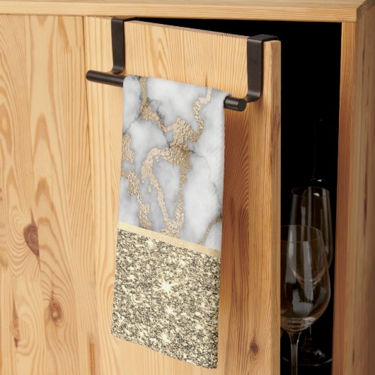 エレガント おしゃれ ゴールド グリッター シャイニー ホワイト 大理石 キッチンタオル (三つ折り)