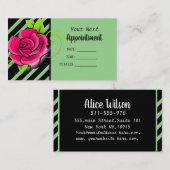 エレガント&かわいいピンクのローズブラックグリーンストライプのサロン 予約カード (正面/裏面)