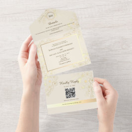 エレガント アイボリー ゴールド フラワー QR RSVP ウェディング オールインワン招待状