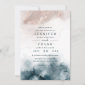 エレガント アルコール インク ゴールド ブラッシュ ブルー モダン ウェディング 招待状 (正面)