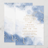 エレガント アルコール インク ゴールド ブルー ミニマル モダン ホワイト 招待状 (正面/裏面)