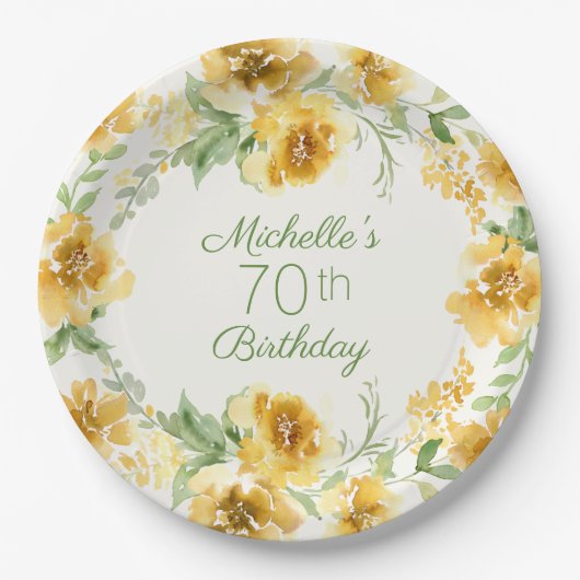 エレガント イエロー 水彩 花 70歳 誕生日   P ペーパープレート (正面)