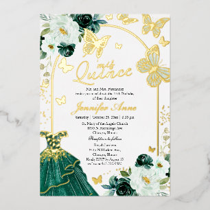 エレガント エメラルドグリーン ゴールドバタフライ クィンセañera 箔招待状
