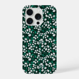 エレガント エメラルド リーフ ホワイト フラワー 模様 iPhone 15 PROケース