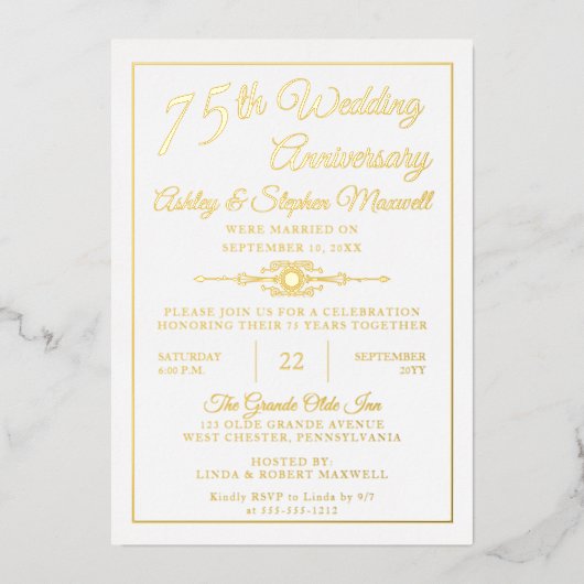 エレガント オルネート 75周年 結婚記念日 パーティー ホイル 箔招待状 (正面)