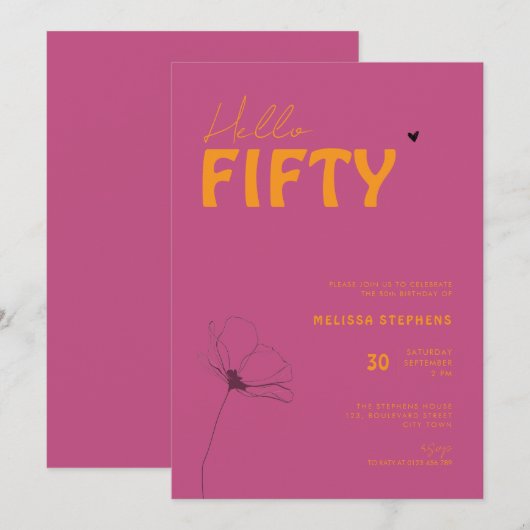 エレガント オレンジ ピンク ハロー フィフティ 50歳の誕生日 招待状 (正面/裏面)
