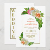 エレガント オレンジ ピンク ローズ フラワーズ ウェディング 招待状 (正面/裏面)