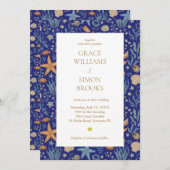 エレガント オーシャン シー ゴールド 群青 カスタム ウェディング 招待状 (正面/裏面)