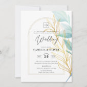 エレガント オールインワン シーグラス ティール ゴールドリーフ ウェディング 招待状 (正面)