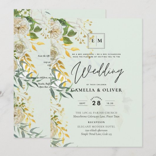 エレガント オールインワン ホワイト ローズ ボタニカル ウェディング インビテーション (正面/裏面)