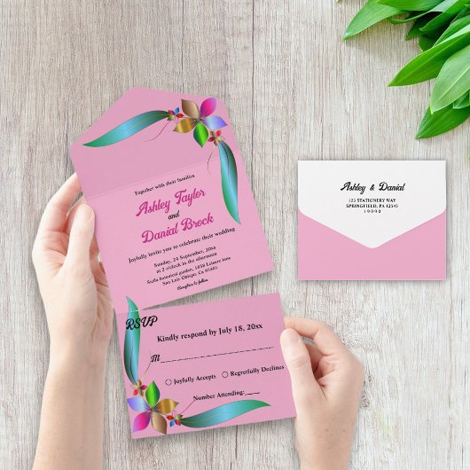 エレガント カラフル ローズ フェイク フォイル フラワー ウェディング オールインワン招待状