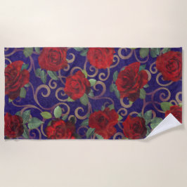 エレガント クラシック ゴールド ダマスク ヴィンテージ レッド ローズ パープル ビーチタオル