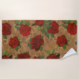 エレガント クラシック ダマスク ヴィンテージ シックなタウペ レッド ローズ ビーチタオル