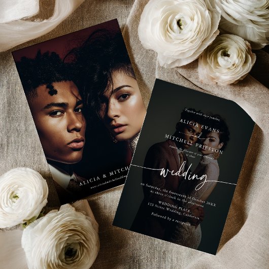 エレガント クラシック ミニマル スクリプト ウェディング 2 フォト 招待状