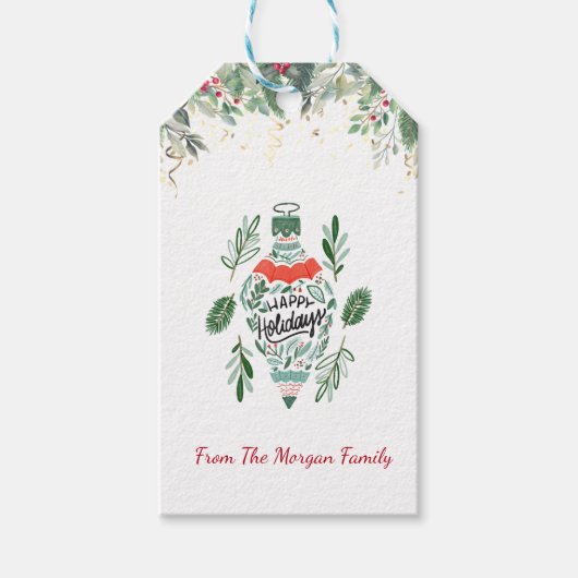 エレガント，クリスマスボール，松の木の枝，紙吹雪 ギフトタグ (正面)