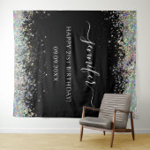 エレガント グラム ホログラフィック グリッター バースデー ブラック タペストリー (インサイチュ(横))