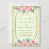 エレガント グリッター フローラル ゴールド グリーン ヌエストラ ボダ 招待状 (正面)