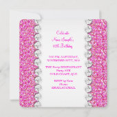 エレガント グリッター ホット ピンク ハート ボウ 誕生日パーティー 招待状 (裏面)