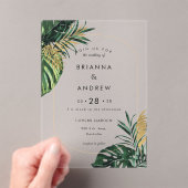 エレガント，グリーンパーム，金ゴールド（模造） 縁ど アクリル招待状 (インサイチュ (ポータブル))