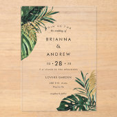 エレガント，グリーンパーム，金ゴールド（模造） 縁ど アクリル招待状 (正面)