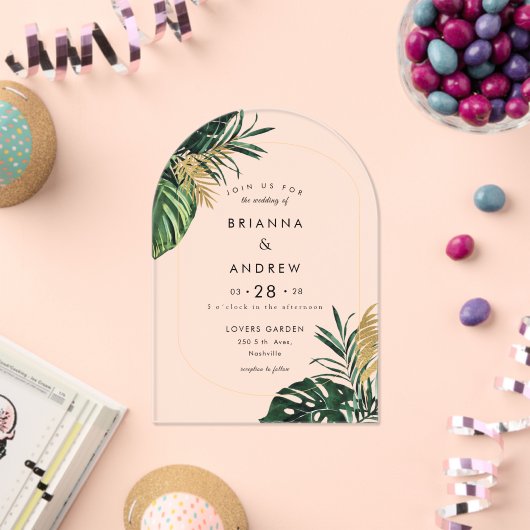 エレガント,グリーンパーム,金ゴールド(模造) 縁ど アクリル招待状 (インサイチュ (お祝い))